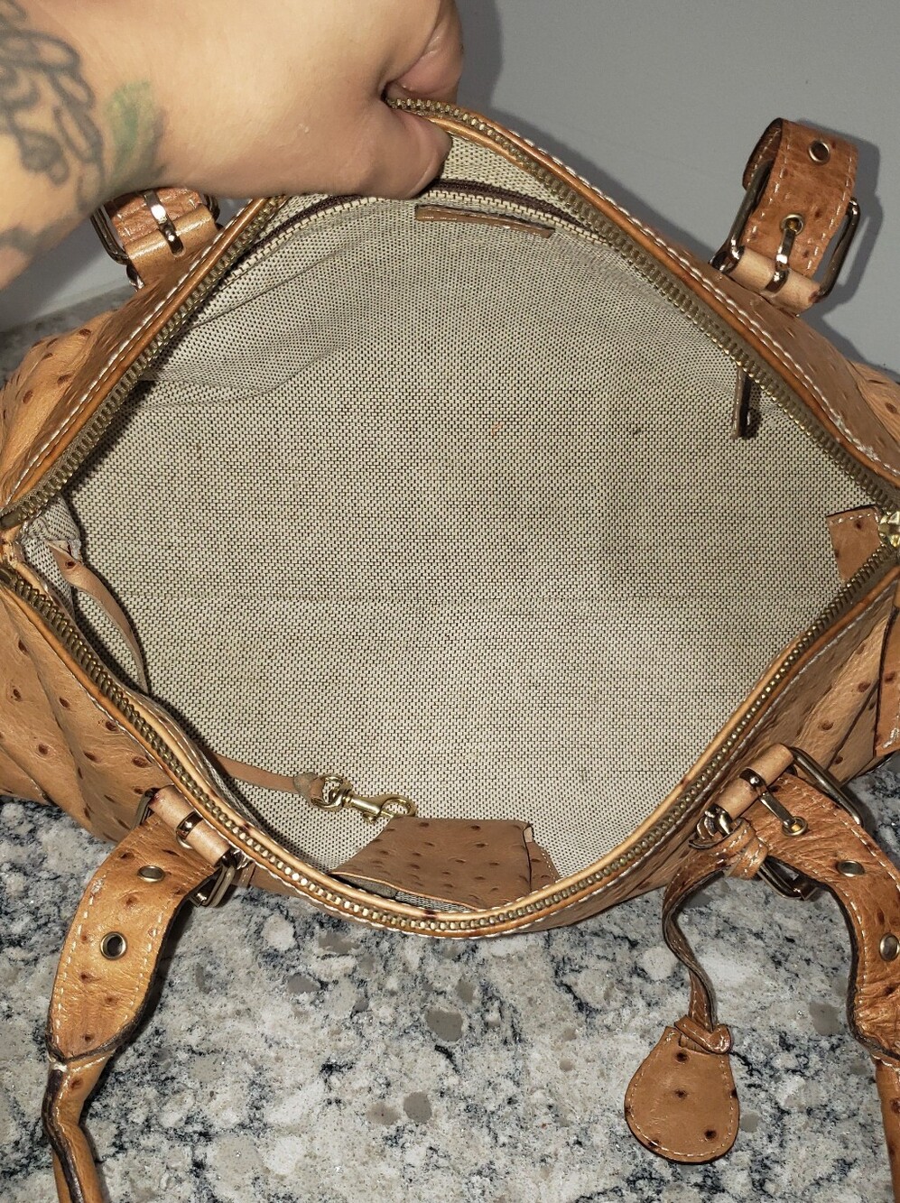 DOONEY & BOURKE Ostrich Embossed Leather Shoulder Satchel Set In Peanut - Picture 12 of 16